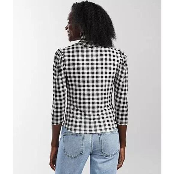 Free People Gathered Turtleneck Black & White Gingham Checkered Mesh Slim Top - Picture 3 of 16